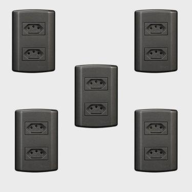 Imagem de Cinco Conjuntos com 2 Tomadas 2p + t 20A 250v, Modular, com Placa 4x2 e Suporte Grafite