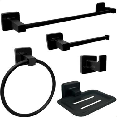 Imagem de Dona D Cor, Kit Acessorios Banheiro Preto Fosco Metal Inox Toalheiro Argola Porta Toalha 40cm Saboneteira Papeleira Cabide Gancho Suporte Parede 5 Peças Lavabo