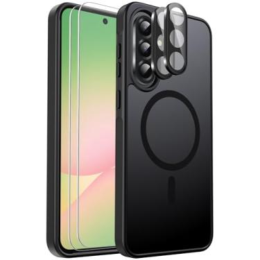 Imagem de Ezanmull Capa para celular Samsung Galaxy A56 5G magnética à prova de choque, [Apto para MagSafe] [Protetor de tela de vidro + protetor de lente da câmera] Translúcido Antiimpressão digital (preto)