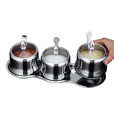 Imagem de Tenta Tenta Kitchen 18/8 caixa de tempero de aço inoxidável conjunto de pote tempero pote de tempero estante condimento de raquete de fralda garrafa de sal pimenta armazenamento organizadores com 3 colheres de servir (tampas de vidro)