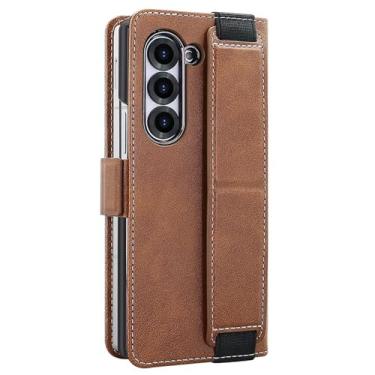 Imagem de HAO RIYLN Capa carteira para Samsung Galaxy Z Fold 6, capa de couro com fecho magnético com compartimentos para cartões, alça de pulso, capa à prova de choque, marrom, ZFOLD6