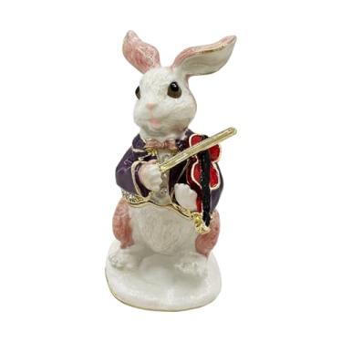 Imagem de FJ FENGZHIJIE Caixa de joias de coelho pintada à mão com dobradiça dourada com estatueta de coelho de violino, lembrança de coelho fofo, decoração de casa e presente exclusivo para mulheres, amantes