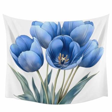 Imagem de Tapeçaria de parede para quarto, primavera aquarela tulipa buquê de flores tapeçaria azul tapeçaria estética para parede, pano de fundo de teto de poliéster, tapeçarias murais de parede para sala de