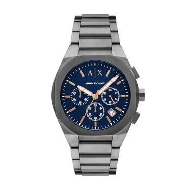 Imagem de Armani Exchange Relógio masculino com cronógrafo A|X; relógio masculino com pulseira de couro, aço inoxidável ou silicone, Metal, azul marinho, Sincronização