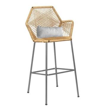 Imagem de Banqueta Alta Sttar Ferro Prata Fibra Palha Almofada Corino Branco