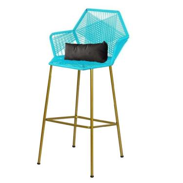 Imagem de Banqueta Alta Sttar Ferro Dourado Fibra Azul Turquesa Almofada Corino Cinza - Amey Decor