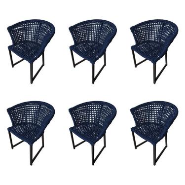 Imagem de Kit 6 Cadeiras Salinas Corda Náutica Base Em Alumínio Preto-azul Marinho - Cor: Azul