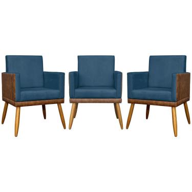 Imagem de Kit 3 Poltronas Decorativas Lis Corino e Pé Palito - Azul-marinho Suede Corino