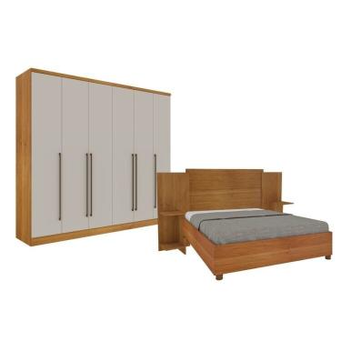 Imagem de Quarto De Casal Guarda Roupa 6 Portas Portugal E Cama Box Casal Monaco Com Painel Espresso Móveis Cinamomo Off White