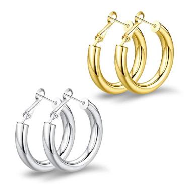 Imagem de BMMYE Brincos de argola de prata esterlina 925, brincos banhados a ouro 14K para mulheres, tubo oco leve 25 mm-70 mm, Metal, Zircônia cúbica