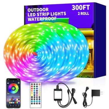 Imagem de vimeepro Fita De Led Para Áreas Externas À Prova D'Água 300 Pés, Luz Externa Ip68 Com Aplicativo/Controle Remoto, Corda Musical Festas Em Escadas Jardim No Terraço Do Quarto (2 Rolos 150 Pés)