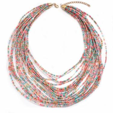 Imagem de SCRDPRAD Gargantilha colorida de várias camadas com contas de sementes para mulheres, boêmia, feita à mão, pedra de cristal, colar havaiano, aniversário, verão, praia, joias para presente, middle, Aço