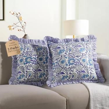Imagem de Capa de almofada CPC azul aqua 100% algodão com estampa de babados 40,6 x 40,6 cm, fronha floral boho feita à mão, roupa de cama de casa de campo, capa de almofada decorativa macia para decoração de