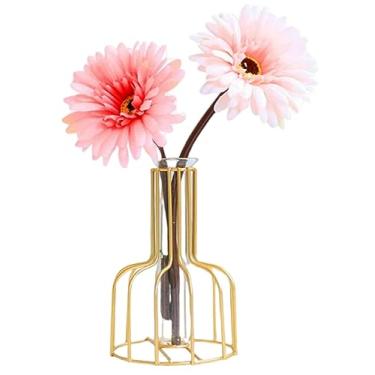 Imagem de Vaso de flores de mesa, armação de metal geométrico dourado, tubo de vidro transparente, vaso hidropônico, vaso de ouro decorativo para flor, casamentos, centro de mesa, festa, casa (ouro 7)