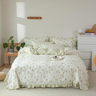 Imagem de HighBuy Conjunto de edredom floral, Queen, com borda de renda, flores verdes, edredom com 2 fronhas de renda e babados, conjunto de edredom com listras coquete, 3 peças, para meninas e mulheres