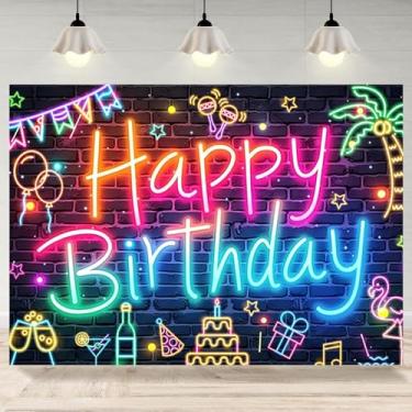Imagem de 2,1 x 1,5 m de fundo neon feliz aniversário brilhante no escuro parede tijolo fotografia fundo colorido engraçado pintura grafite banner decorações adulto aniversário retrato foto cabine adereços