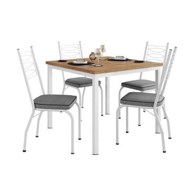 Imagem de Conjunto de Mesa Quadrada com Tampo MDP e 4 Cadeiras Adriana Revestimento Sintético Platina e Branco