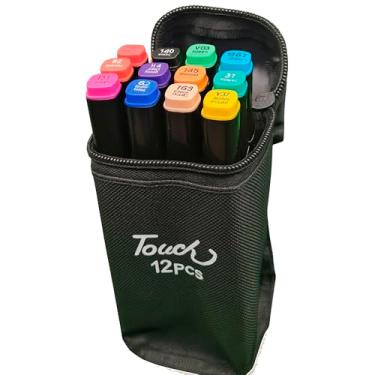 Imagem de Canetinha Ponta Dupla para Colorir Kit Estojo de Canetas Escolar Marcador Coloridas Permanente Duas Pontas (12 Cores) - Touch