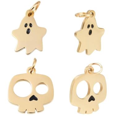 Imagem de Beebeecraft 1 caixa com 10 pingentes esmaltados de Halloween de aço inoxidável banhado a ouro 14 K, pingente de caveira fantasma com anel de salto para fazer joias, acessórios de artesanato DIY