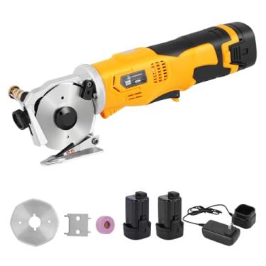 Imagem de MXBAOHENG Tesoura elétrica de tecido, máquina de corte de faca redonda sem fio, cortador rotativo portátil para tapete de couro de tecido (2 baterias) amarelo