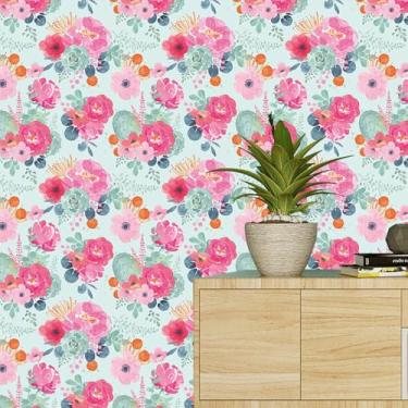 Imagem de MulYeeh Papel de parede de 44,5 cm x 299,7 cm, papel de parede floral rosa vintage, base azul, vinil, impermeável, autoadesivo, para locatário, decoração de armário de papel de parede