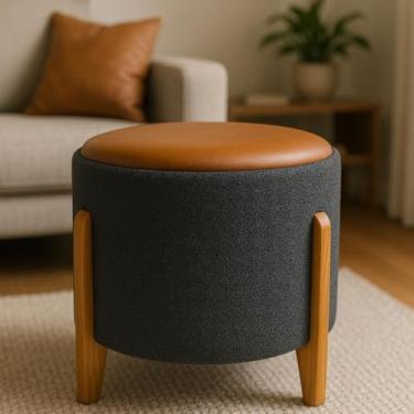 Imagem de Puff Banqueta Redondo Banco Pufe Assento Macio em Courino Tecido Boucle Decorativo para Sala Escritório Apartamento Soft Lux Pés em Madeira (Cinza/Caramelo)