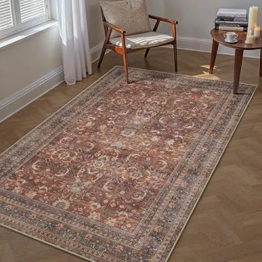 Imagem de HUGEAR Tapete de entrada 7,5 x 12,5 cm, vintage, vermelho tijolo, pequeno, lavável à máquina, retrô, floral, baixa pilha, tapete aspirável, desgastado, tapete de entrada, cozinha, quarto, banheiro