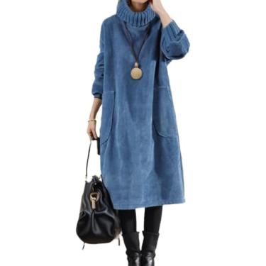 Imagem de Vestido De Veludo Cotelê Feminino Inverno Velo Vestido Grosso Manga Comprida Gola Alta Quente Plus Size Vestido Longo Com Bolsos, Blue, L