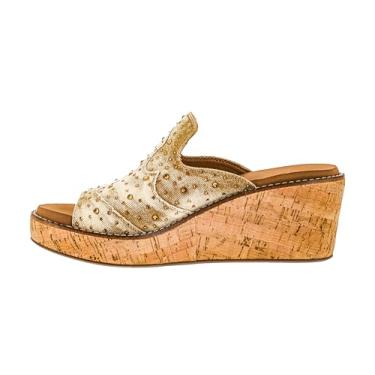 Imagem de Corkys Footwear Cunha feminina Neon Moon de 6 cm, com um design chique de costura ocidental na parte superior, palmilhas de EVA macias e acolchoadas para uso o dia todo, Strass jeans lavado em bronze