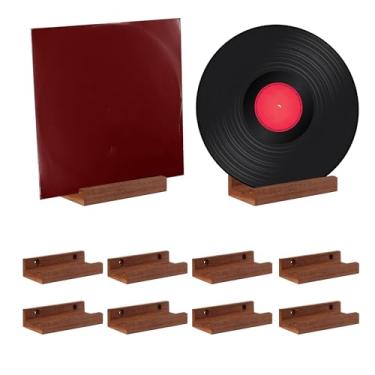 Imagem de KEJJNYER Pacote com 10 discos de vinil de madeira, suporte de álbum de 10 cm, suporte de parede de madeira, suporte de disco de vinil, prateleira flutuante decorativa