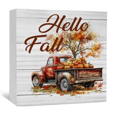 Imagem de Nitelat Sinais de caixa de madeira para casa de fazenda, decoração de outono, vintage rústico outono caminhão de colheita de abóbora folha de bordo placa de madeira decoração de casa para quarto
