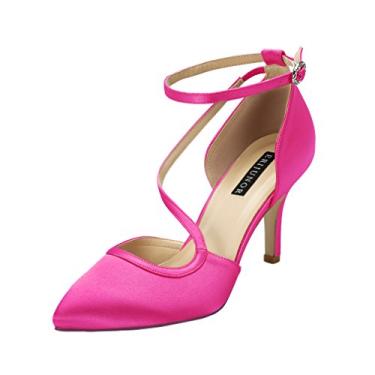 Imagem de ERIJUNOR sapato feminino confortável salto médio tiras no tornozelo vestido escarpim bico fino cetim casamento noite festa, Hot Pink, 7