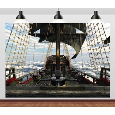 Imagem de CORFOTO 6 x 3 m de fundo de barco à vela pirata navio pirata deck de madeira foto fundo oceano piratas náuticos tema pirata decoração festa de aniversário cabine de fotos