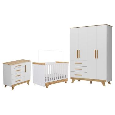 Imagem de Dormitório Infantil Retrô Guarda Roupa, Cômoda E Berço Branco Brilho/amêndoa - Móveis Peroba
