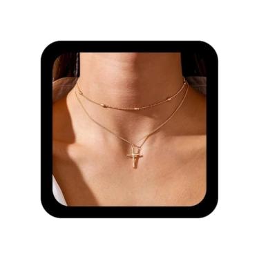 Imagem de Ximdble Colar vintage com cruz em camadas, pingente de cruz religiosa, colar de corrente fina de ouro, retrô, cruz, gargantilha, minúscula, corrente de cruz, joia feminina, Zinco, Sem Pedra Preciosa
