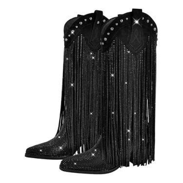 Imagem de sexytag Botas femininas caubói com franjas de strass para mulheres até o joelho e panturrilha larga tassal botas ocidentais, Preto, 44