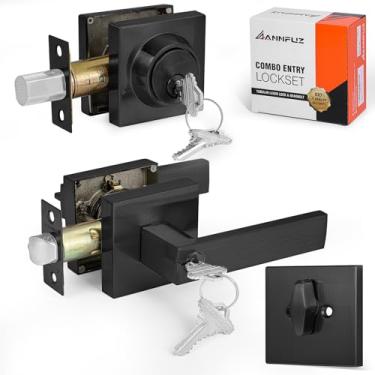 Imagem de ANNFUZ Maçaneta de porta de entrada com chave com combinação de fechadura de cilindro único, trava de alavanca resistente, canhoto e direito, com chave igual (mesmo 4 chaves) fechadura da porta da