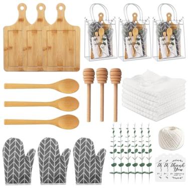 Imagem de 3 conjuntos de prêmios de chá de bebê para vencedores de jogos, 28 peças incluem colher de bambu para tábua de queijo em bastão de mel luvas de forno toalha hastes de eucalipto cartão de agradecimento