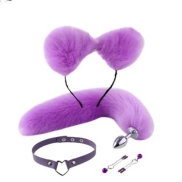 Imagem de Kit Fox Com 4 Acessórios Eróticos Acessórios BDSM com Plug, Cauda, Prendedor e Coleira KIT004 (ROXO)