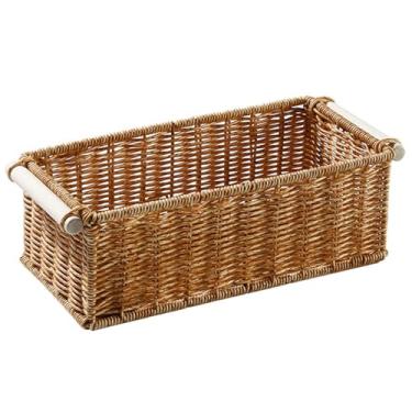 Imagem de Cesta de vime, cesta de imitação de vime, vime oco de 30 x 10 cm com cabo de madeira, pão retangular para alimentos, frutas, legumes, cozinha, para cozinha doméstica