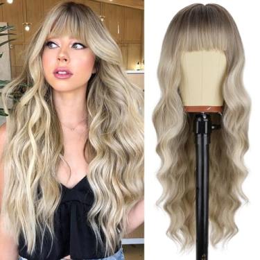 Imagem de NOSTALGIA Peruca loira com franja de 66 cm de comprimento ondulado loiro ombré com raízes escuras perucas sintéticas resistentes ao calor para uso diário feminino em festas