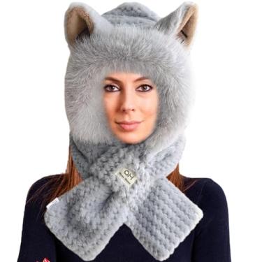 Imagem de Chapéus para mulheres, chapéus de animais para adultos - Gorro de chapéu com orelhas de animal com orelhas | Fantasia de animal com lenço, chapéus de inverno femininos para inverno interno e externo
