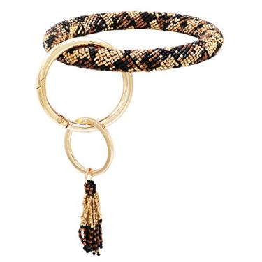 Imagem de Rosemarie & Jubalee Pulseira feminina deslumbrante coberta de contas de sementes com suporte de clipe de chaveiro, diâmetro interno de 7,6 cm, Metal, Miçanga