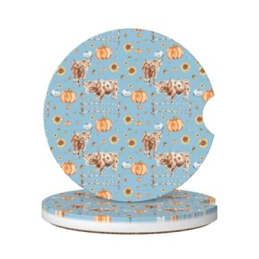 Imagem de Neukim Pacote com 2 porta-copos rústicos de vaca, abóbora, girassol, porta-copos, para carro, 6 cm, folha de outono, antiderrapante, de cerâmica, absorvente com base de cortiça e entalhe de dedo