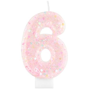 Imagem de iNINGER Velas com número de aniversário, número 6 com glitter rosa, topo de bolo com velas de aniversário para meninas e mulheres, lembrancinhas de aniversário