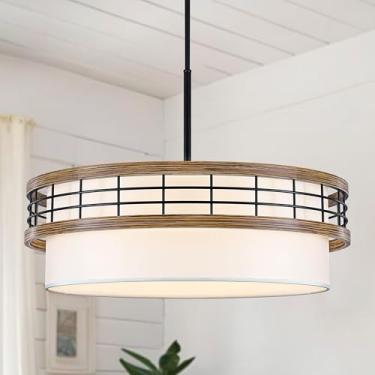 Imagem de Lustre de tambor grande de 56 cm, luz pendente de textura preta e de madeira, lustre de cozinha de fazenda com 5 luzes para sala de jantar, hall de entrada, quarto