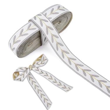 Imagem de DICOSMETIC Fita Jacquard Cinza 13,9 metros Acabamento em Tecido 1-1/8 pol. (30 mm) Padrão de Folha Acabamento Bordado Fita de Poliéster Dupla Lateral para Costura DIY Artesanato Artesanal Bolsa Cinto