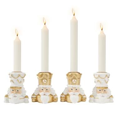 Imagem de Conjunto de 4 castiçais de Natal DN DECONATION – Castiçais cônicos em forma de quebra-nozes, castiçais dourados e brancos para centros de mesa de Natal e decoração de férias (resina e metal)