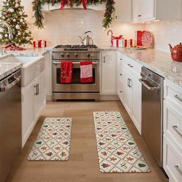 Imagem de GENIMO Decorações de Natal – Tapetes de cozinha para chão, 2 peças de tapetes de cozinha de Natal, tapete acolchoado antifadiga para decoração de casa, tapete antiderrapante impermeável para