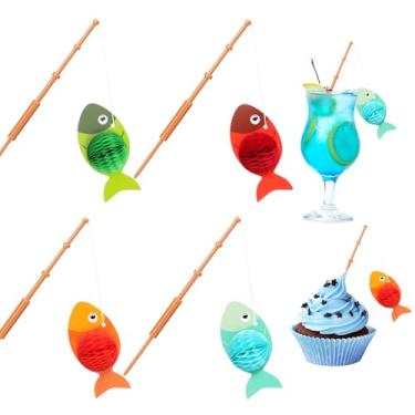 Imagem de Syhood 24 peças mini decoração de vara de peixe pequeno pescador material de festa temática de pesca para topo de bolo festa de aniversário bebida decoração de bolo (favo de mel)